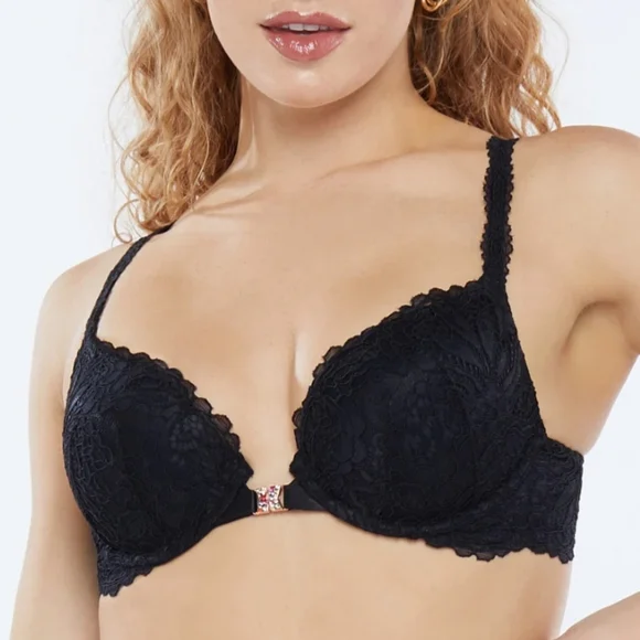 Savage X Fenty Romantic Corded Lace Front-Closure Push-Up Bra Black - Picture 1 of 17